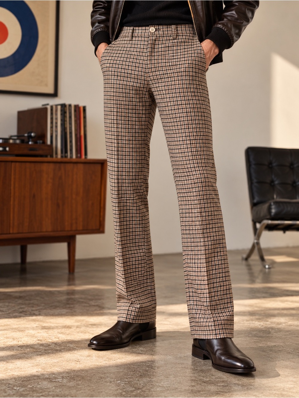 Ben Sherman Vintage Plaid Check Mod Straight Leg Trousers Brown Mens 32x34